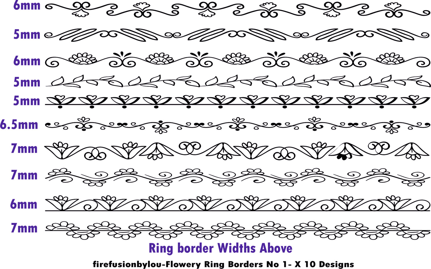 A picture showing the widths for the ten flowery ring border designs.