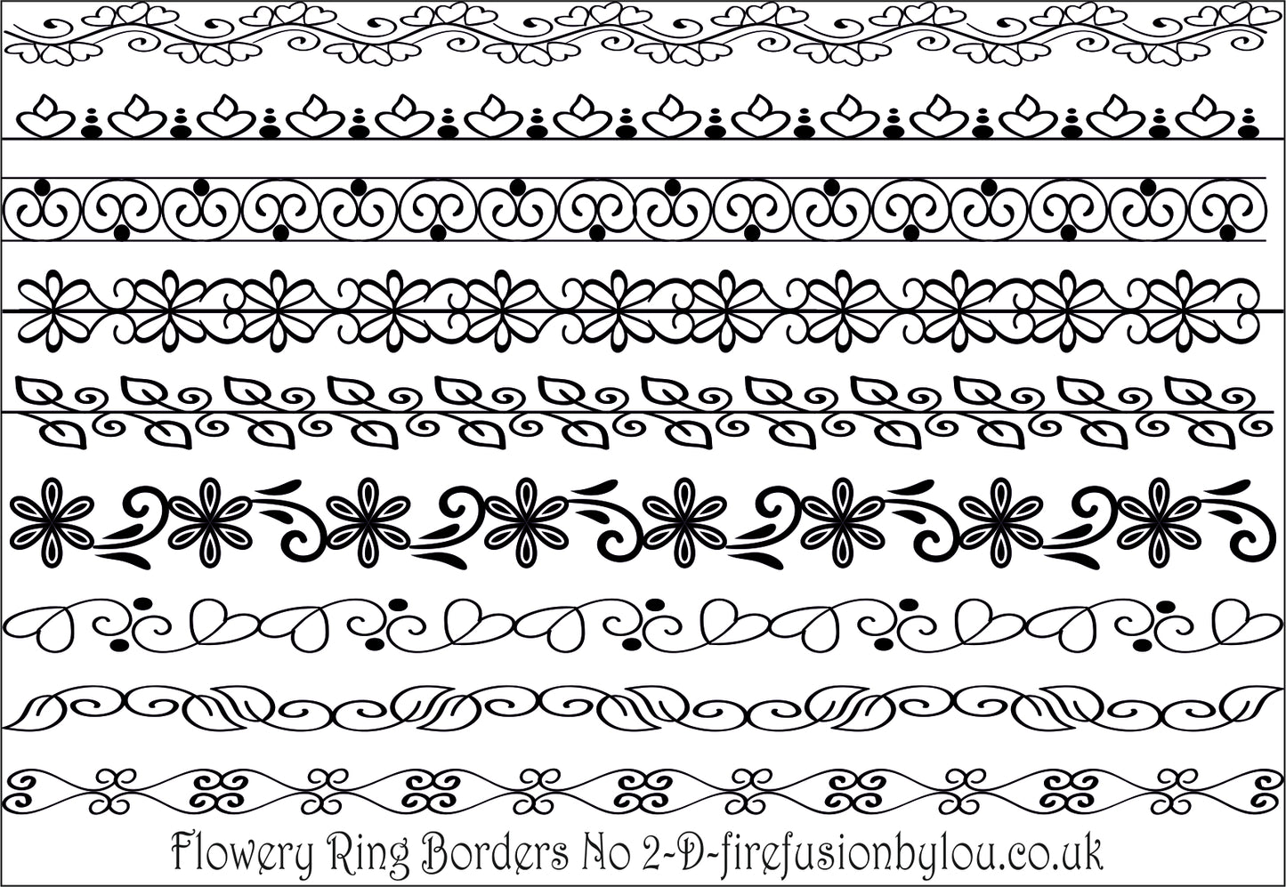 A black and white picture of flowery ring borders design two. This picture shows nine different styles of the texture mat.