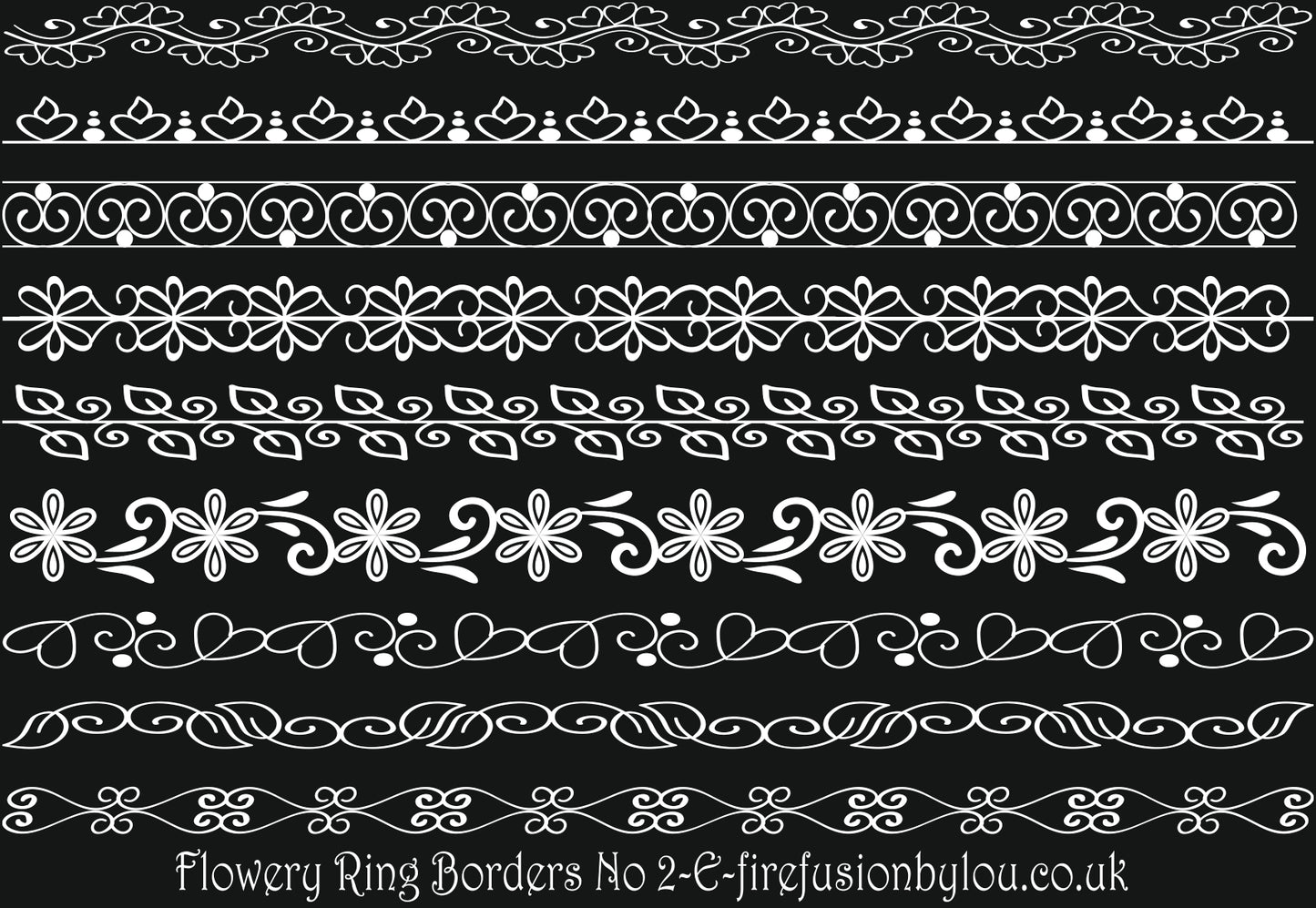 A black and white picture of flowery ring borders design two. This picture shows nine different styles of the texture mat.
