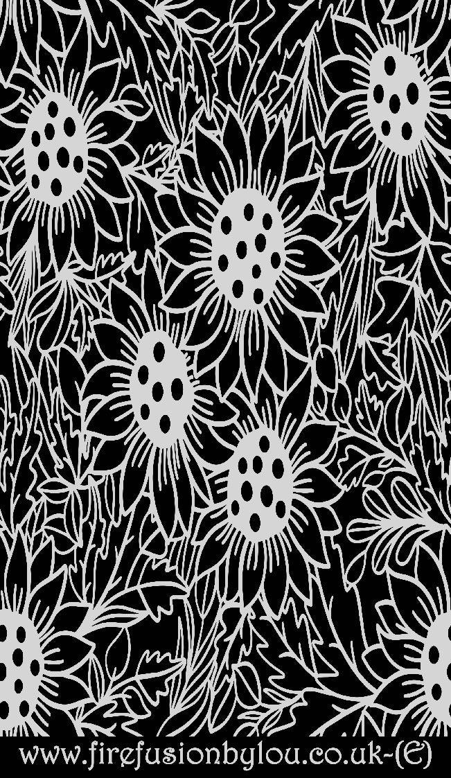 A large sunflower pattern embossed texture mat in grey material. This picture shows the texture mat pattern in black and white for use on metal clay or polymer clay.