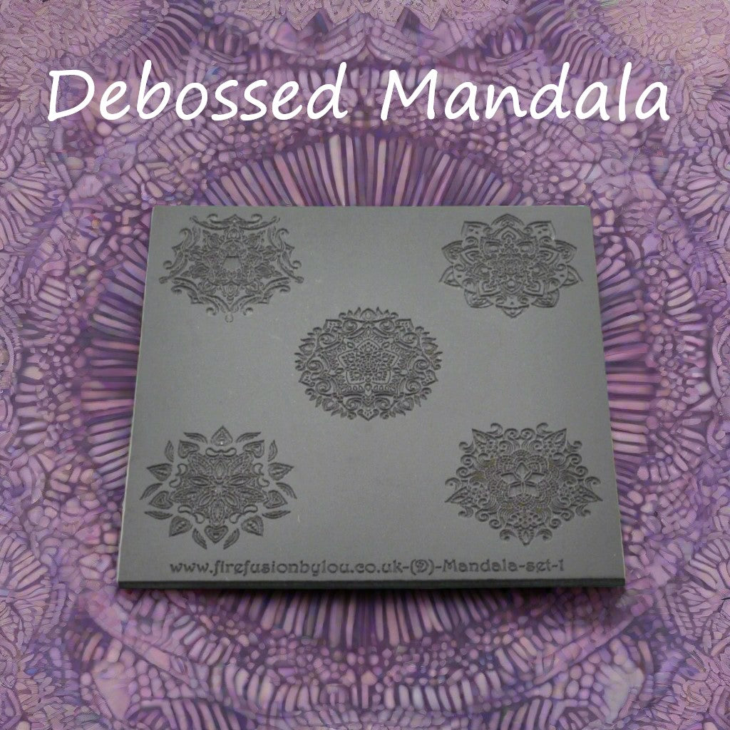 A debossed texture mat with five mandala designs. Use to make an impression on metal clay and polymer clay.