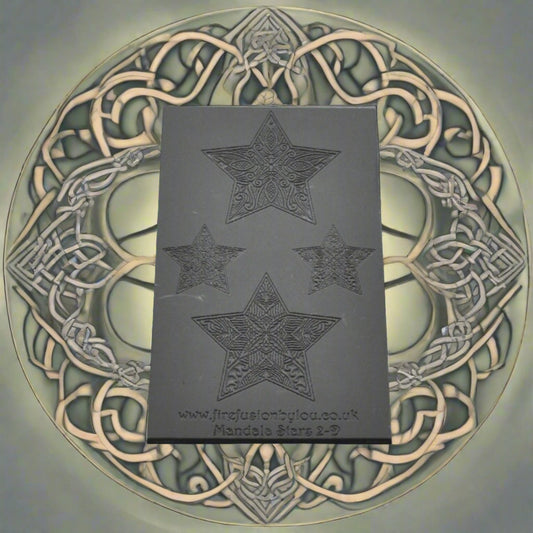 A debossed texture mat with two Celtic star mandala designs in two sizes. Use to make an impression on metal clay and polymer clay.