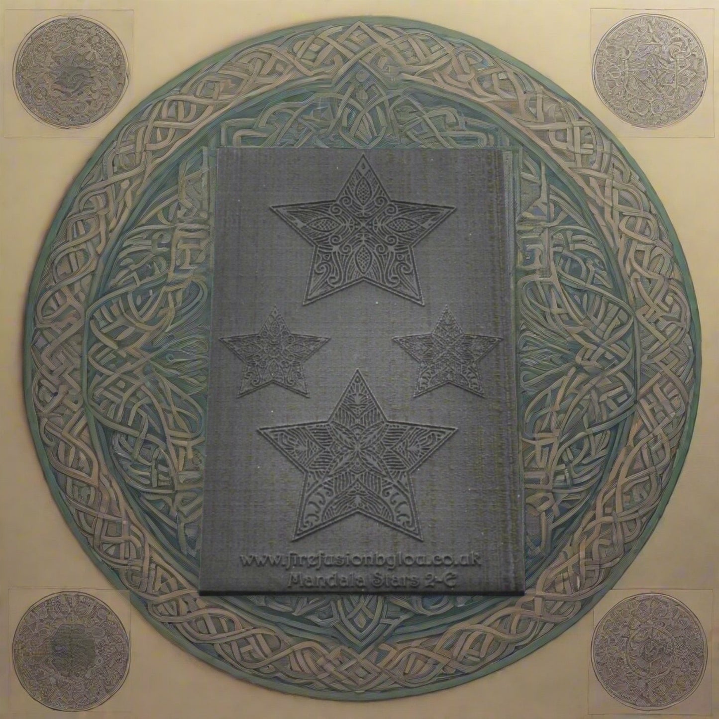 An embossed texture mat with two Celtic star mandala designs in two sizes. Use to make an impression on metal clay and polymer clay.