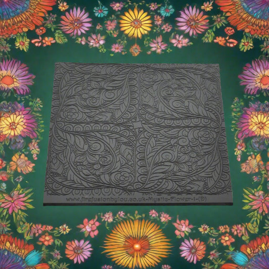 Debossed Flowery mandala style texture mat with. Use to make an impression on metal clay and polymer clay.