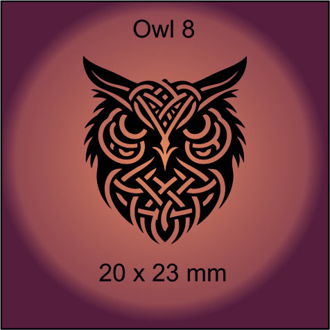 Black owl design on a purple background with text 'Owl 8' and '20 x 23 mm'.