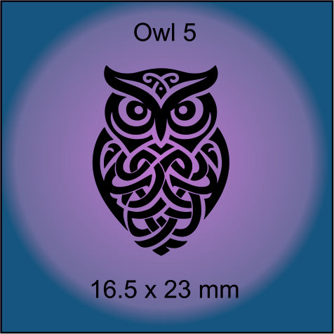 Decorative owl design with tribal patterns on a blue background, labeled 'Owl 5' and dimensions '16.5 x 23 mm'.