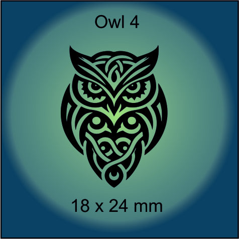 Decorative owl design with tribal patterns on a green background, labeled 'Owl 4' and dimensions '18 x 24 mm'.
