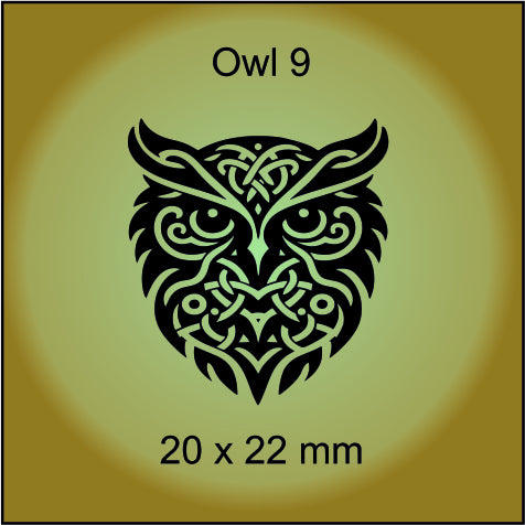 Decorative owl design with intricate patterns on a green background, labeled 'Owl 9' and '20 x 22 mm'.