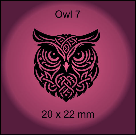 Black owl design on a purple background with text 'Owl 7' and dimensions '20 x 22 mm'.