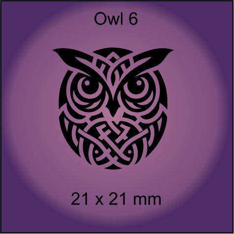 Black owl design on a purple background with 'Owl 6' and '21 x 21 mm' text.