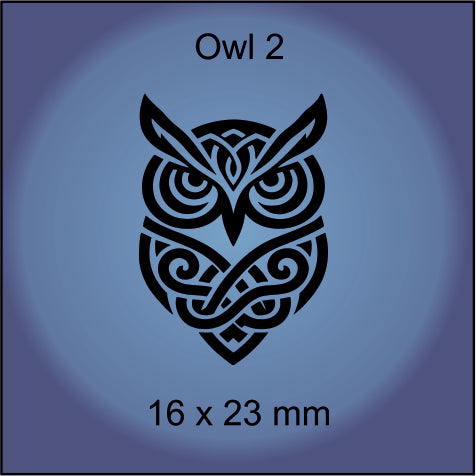 Black owl design on a blue background with dimensions '16 x 23 mm'.