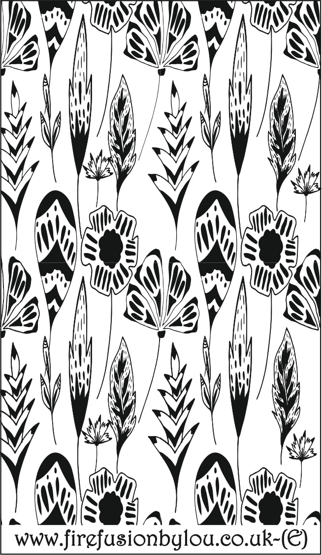A debossed texture mat of flowers. This picture shows the texture mat pattern in black and white for use on metal clay or polymer clay.