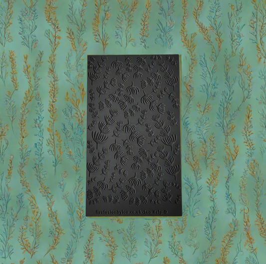 A texture tile debossed Sea kelp. This texture tile repeat pattern is used with Art clay silver or other metal clay or polymer clay.