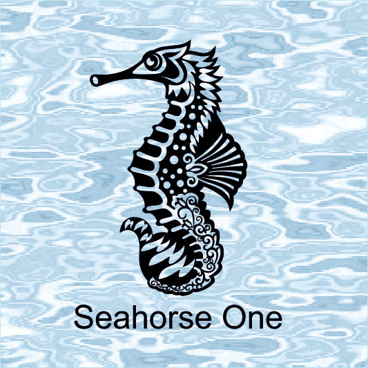Black seahorse design on a light blue water pattern background