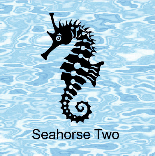 Black seahorse design on a blue water pattern background