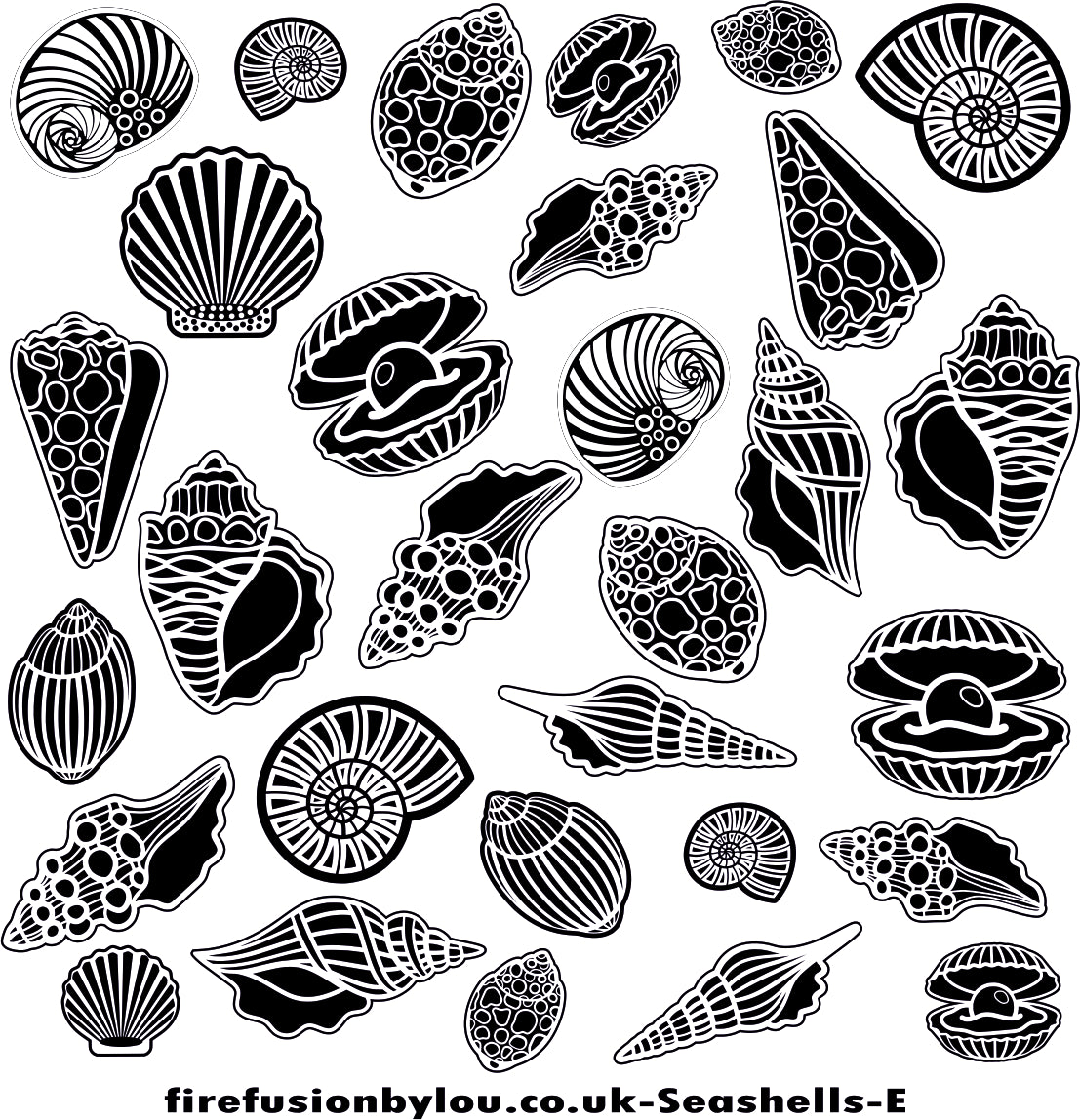 A embossed texture mat of shells. This picture shows the texture mat pattern in black and white for use on metal clay or polymer clay.