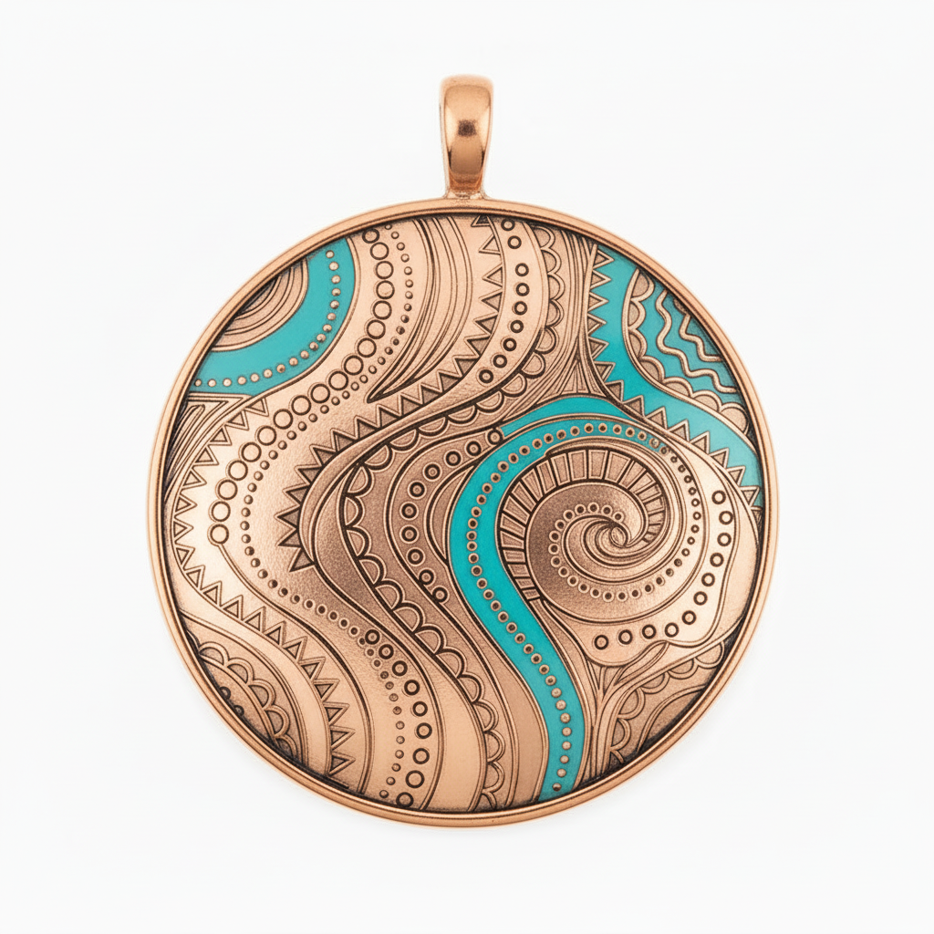 Decorative pendant with intricate patterns on a white background