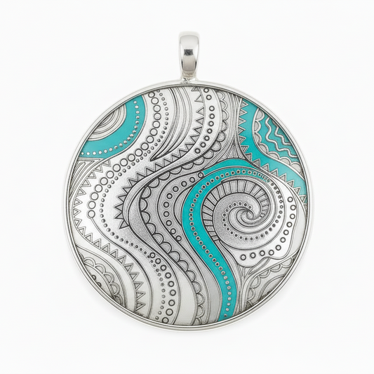 Decorative pendant with intricate patterns on a white background
