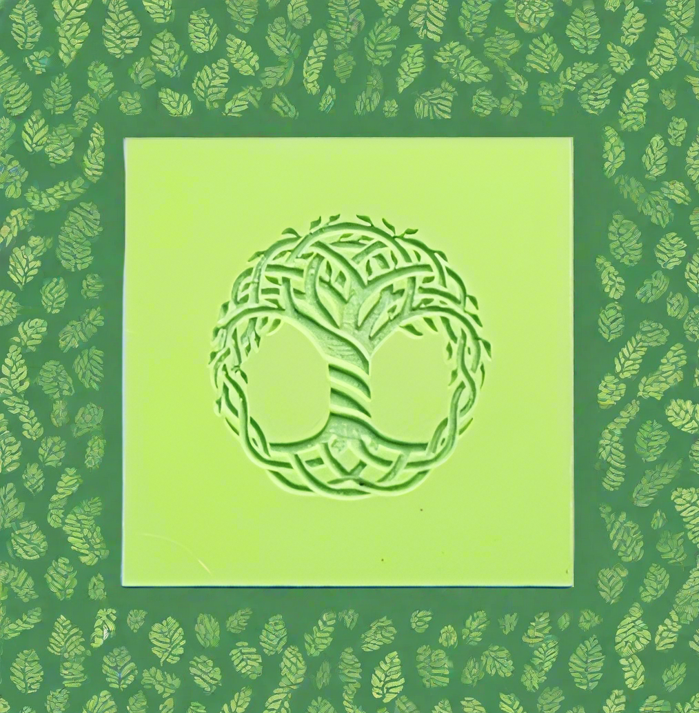 Green rubber with a Celtic knot design on a green leafy patterned background
