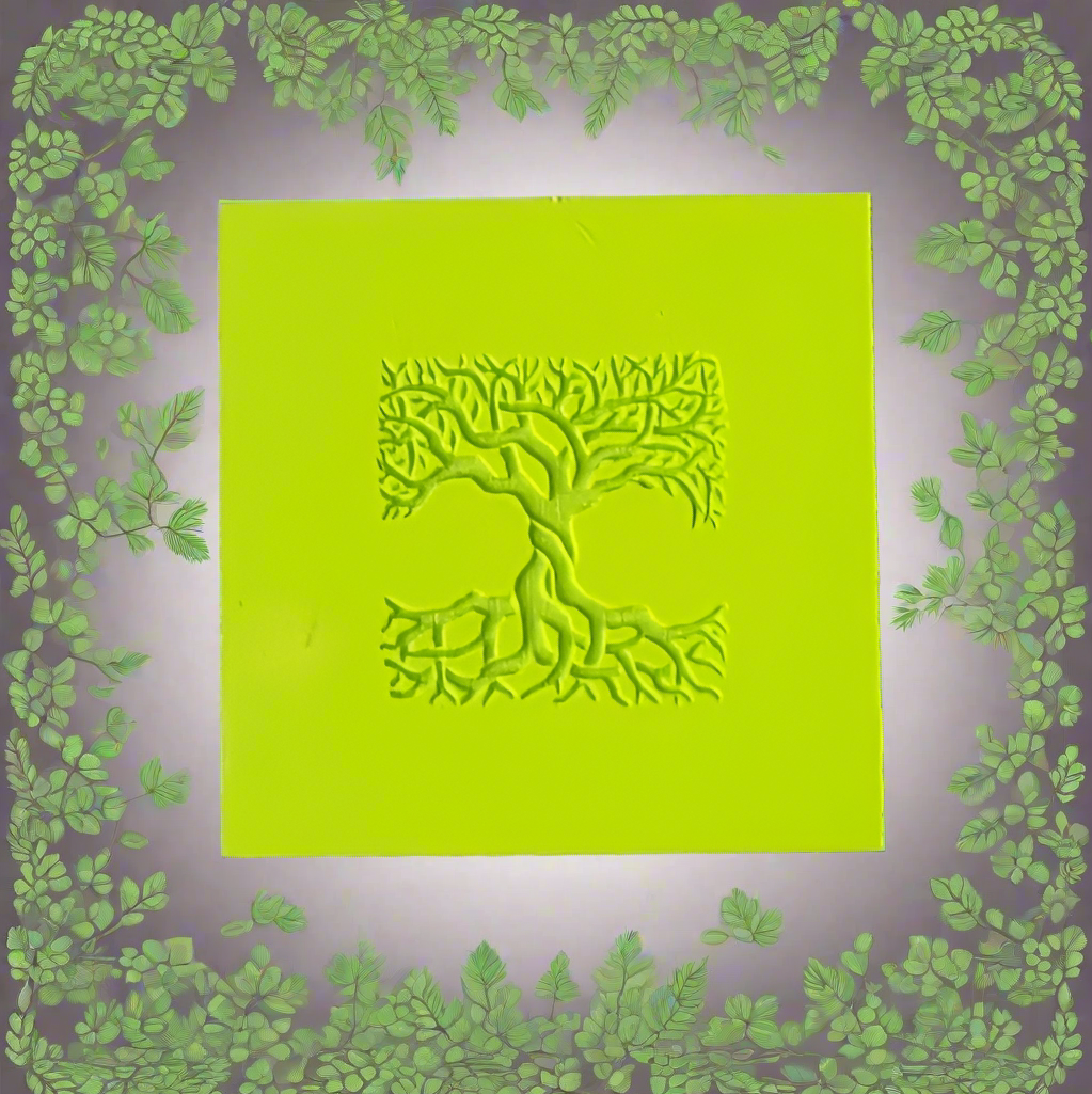 Green square with tree design surrounded by leaf border on gray background