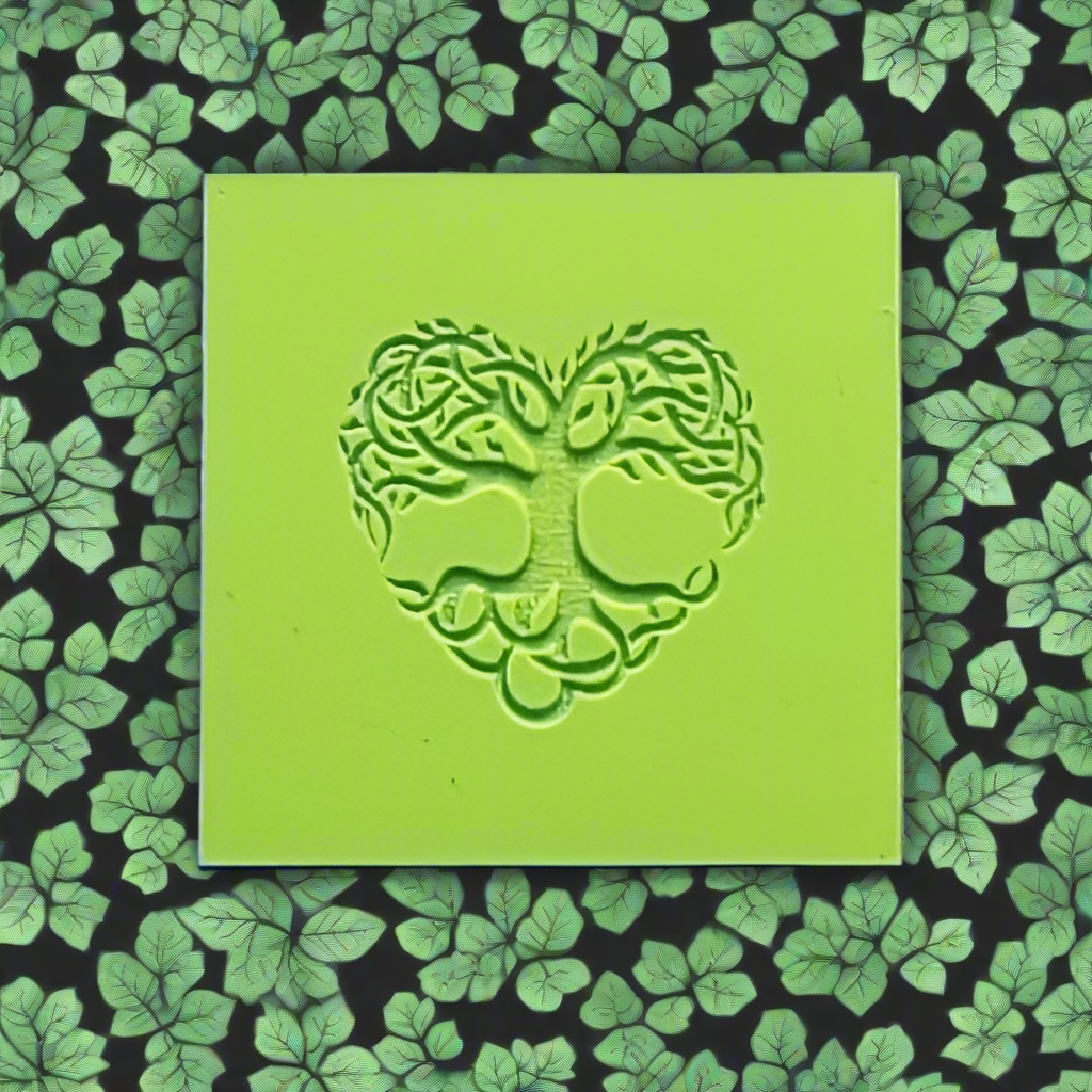Green square with a heart-shaped tree design on a black background with green leaf pattern