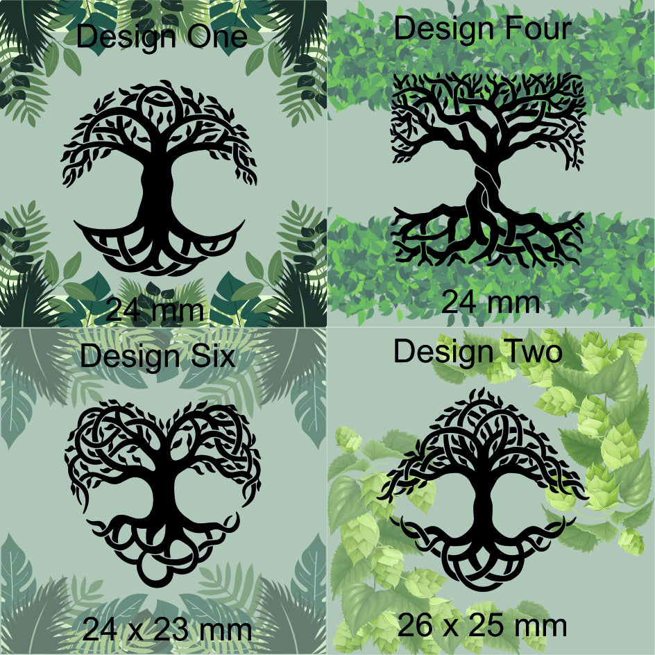 Four tree designs with dimensions on a green leafy background