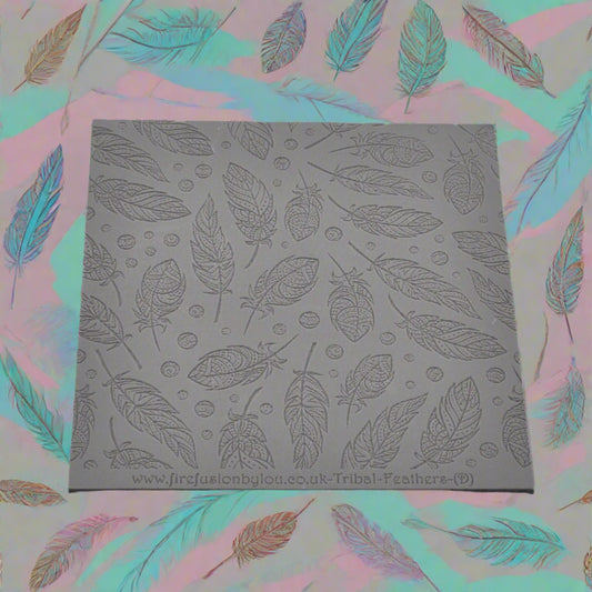 A tribal feather pattern debossed texture mat in grey material. This texture mat will give you an embossed effect on metal clay or polymer clay.