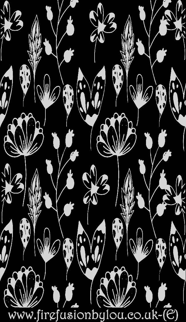 An embossed texture mat of flowers. This picture shows the texture mat pattern in black and white for use on metal clay or polymer clay.