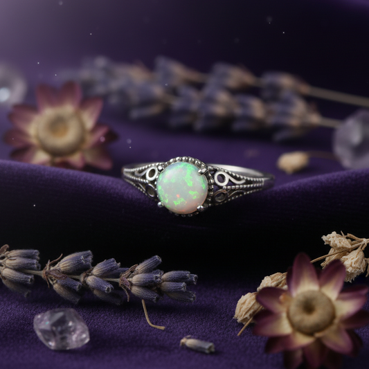 Silver ring with a green opal on a purple surface with flowers and crystals