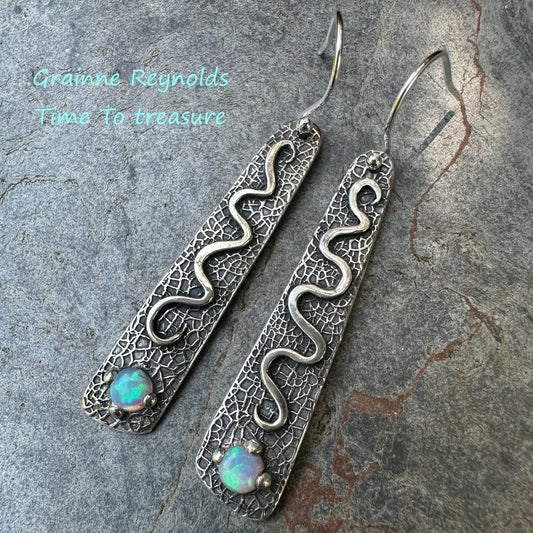 Fine silver metal clay earrings set with pink and green fire fireable opals