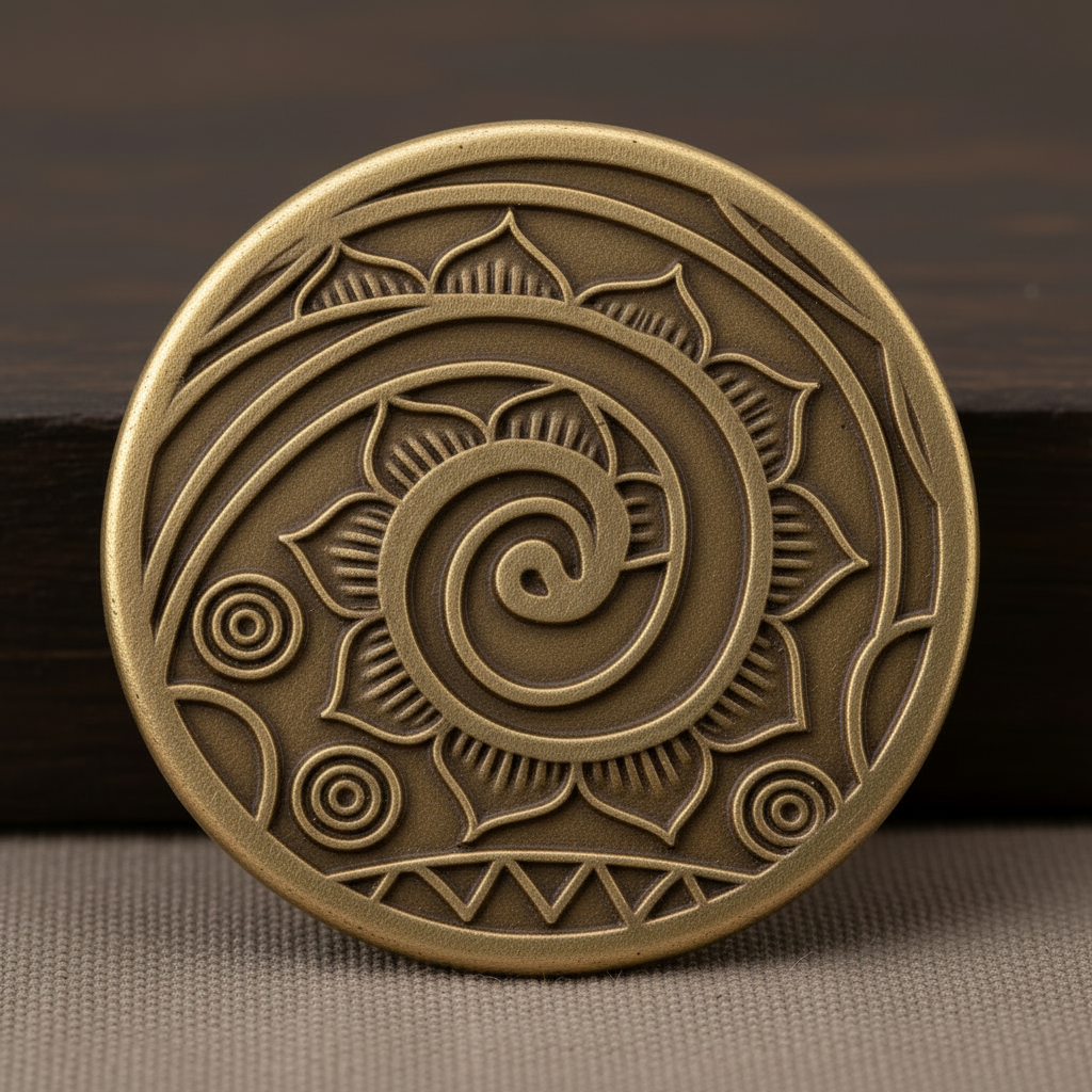 A bronze disc created with metal clay using a texture mat called Doodle Spiral from 'firefusionbylou'  Seamless pattern Collection.