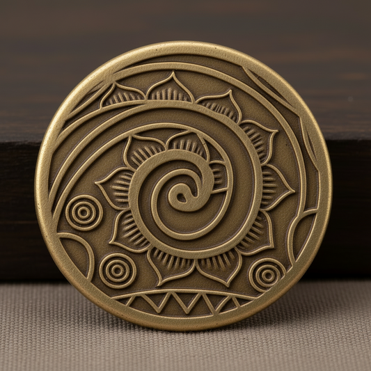 A bronze disc created with metal clay using a texture mat called Doodle Spiral from 'firefusionbylou'  Seamless pattern Collection.