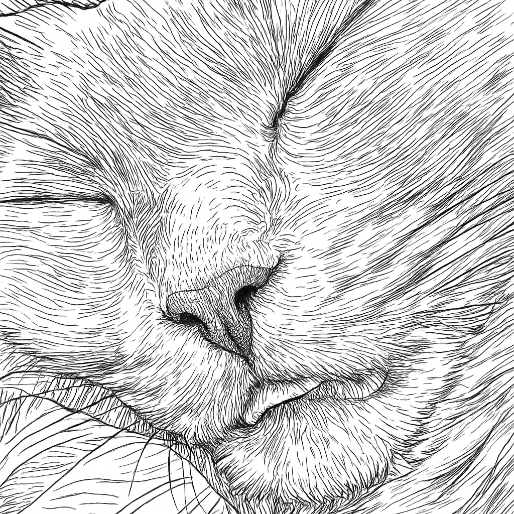 Detailed black and white line drawing of a sleeping cat's face.