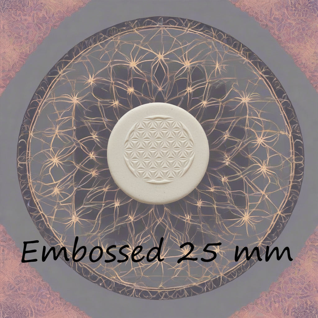 25 mm Flower of Life design debossed in clay Using an embossed texture mat. This will give you an idea of what it will look like on metal clay or polymer clay