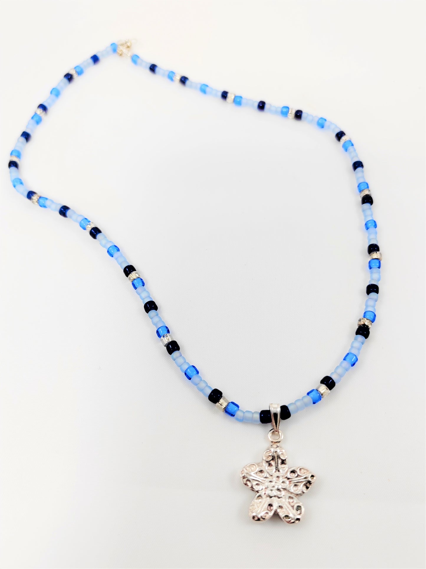 necklace Seed beads & 999 flower pendant  (dark and pale blues)