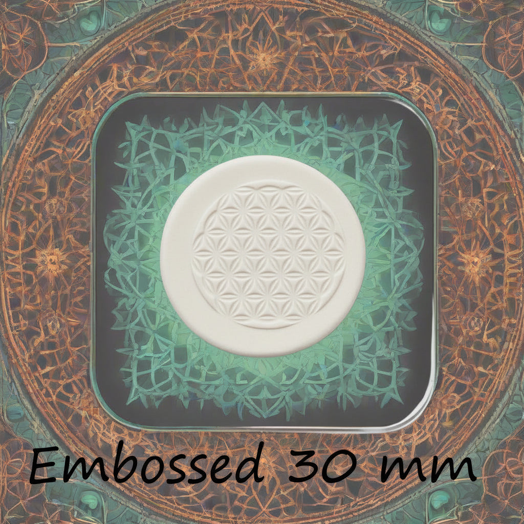 30 mm Flower of Life design debossed in clay Using an embossed texture mat. This will give you an idea of what it will look like on metal clay or polymer clay