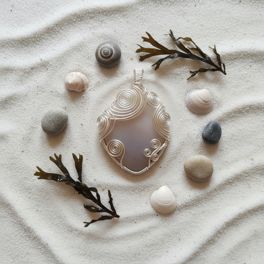 Decorative pendant with shells and seaweed on sand