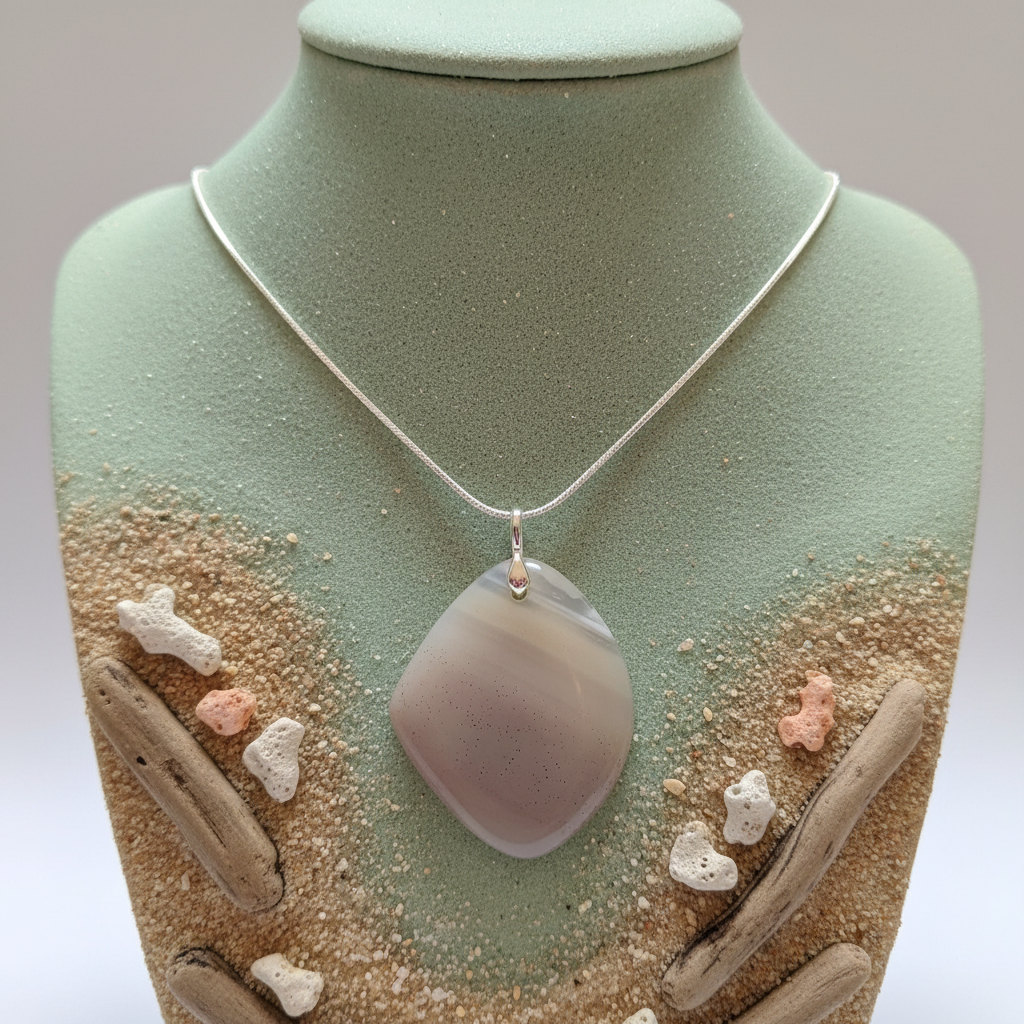 Necklace with a large shell pendant on a sand-textured mannequin bust.