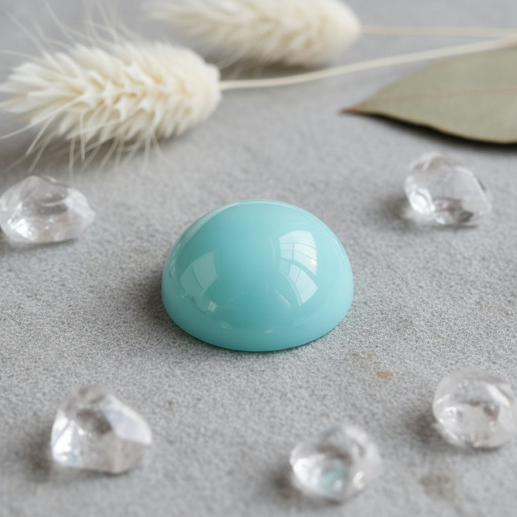 Teal-colored gemstone on a light blue background