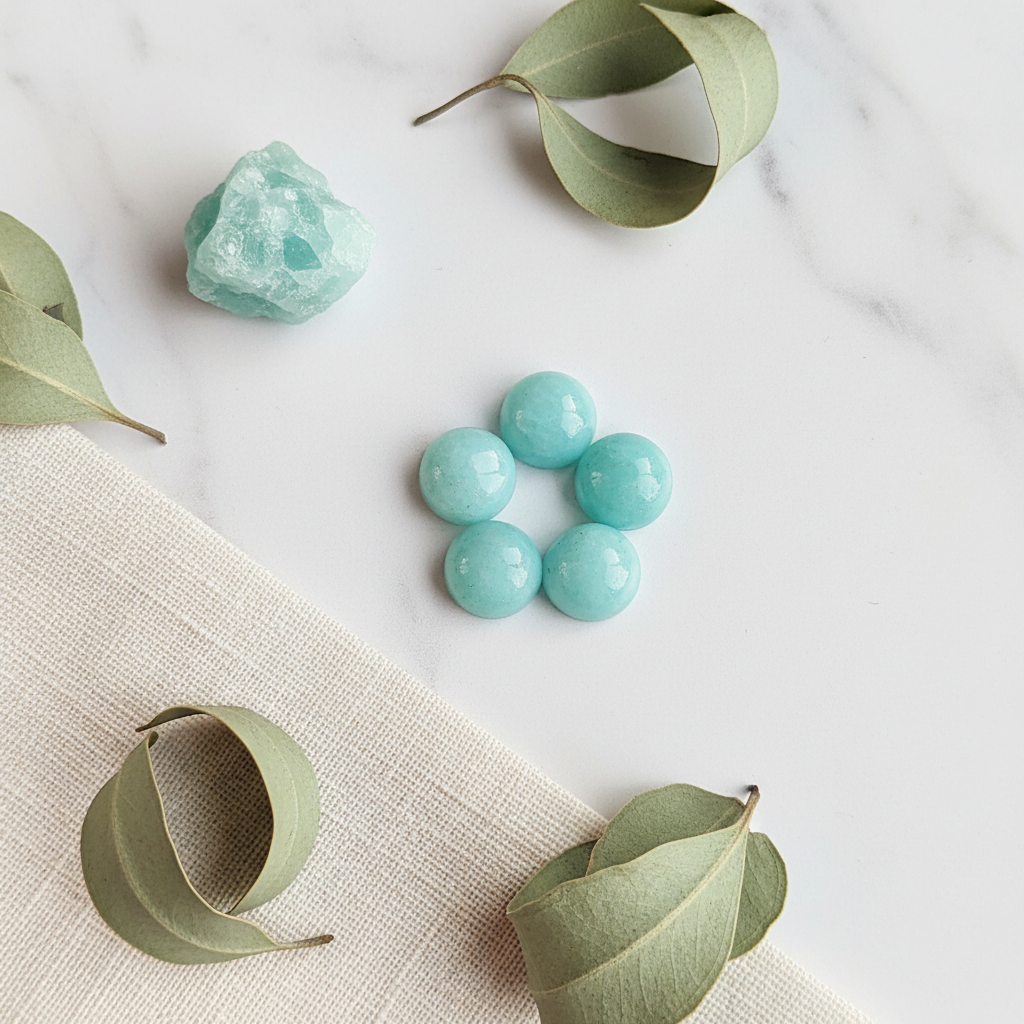Turquoise amazonite on a white surface with eucalyptus leaves.