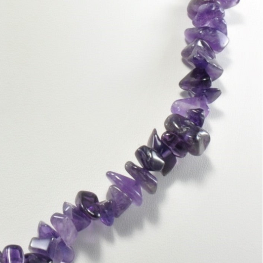 Necklace made of purple gemstone chips on a white background