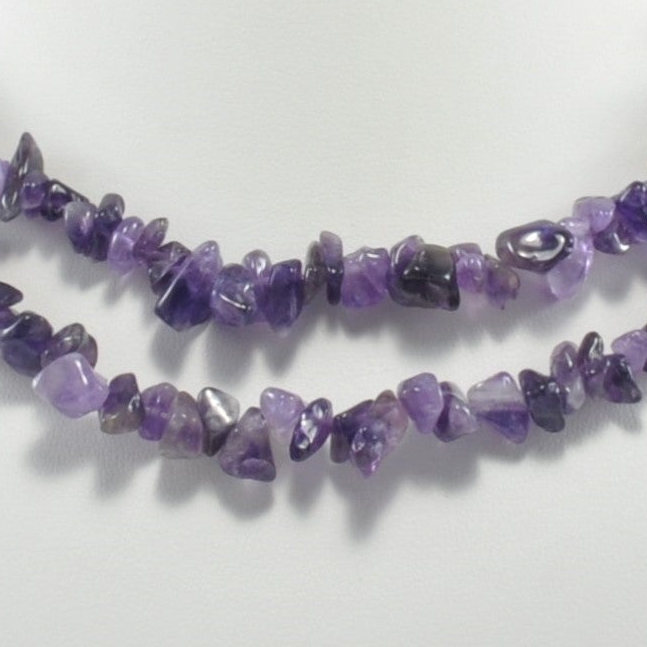 Necklace made of purple gemstone chips on a white background