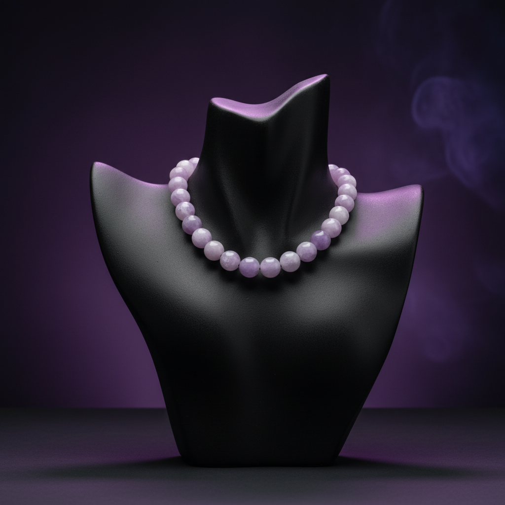 Purple beaded necklace on a black mannequin bust against a dark background