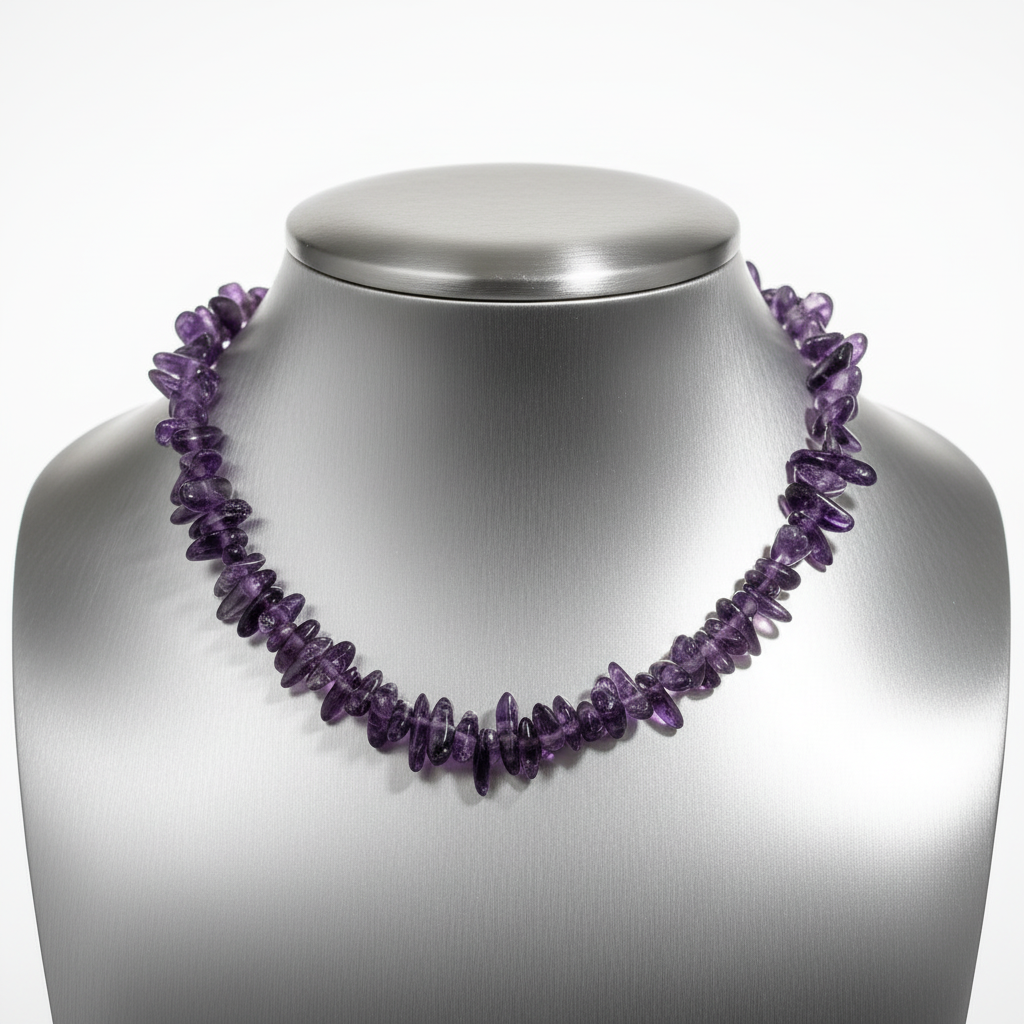 Amethyst necklace on a gray mannequin bust against a neutral background