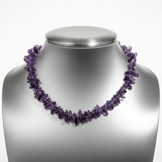 Amethyst necklace on a gray mannequin bust against a neutral background