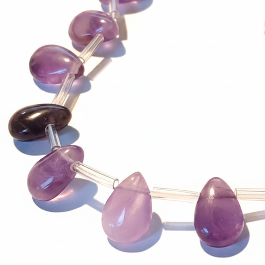 Necklace with purple teardrop beads on a light background