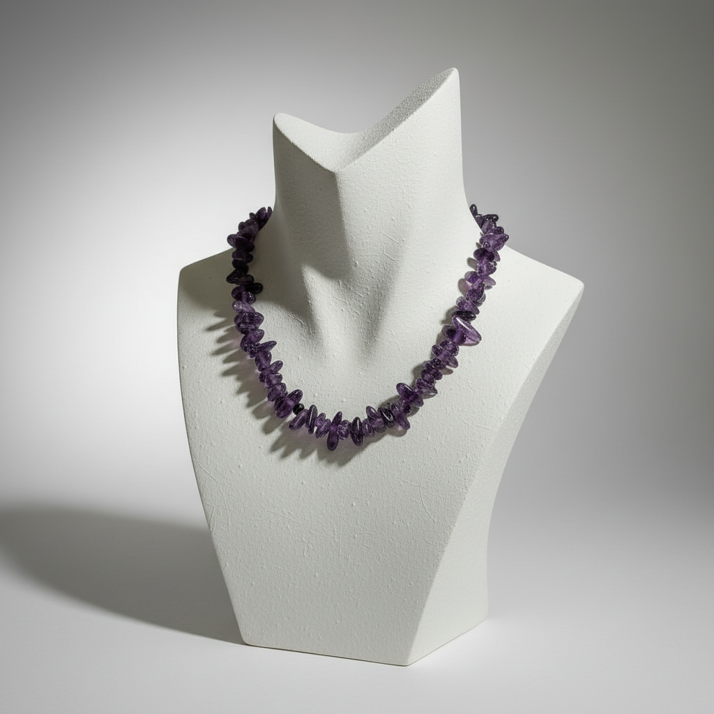 Purple beaded necklace on a white mannequin bust against a gray background
