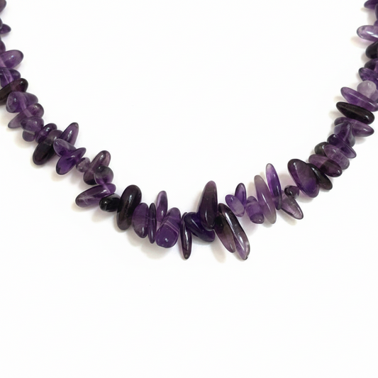 Amethyst strand with purple beads on a white background