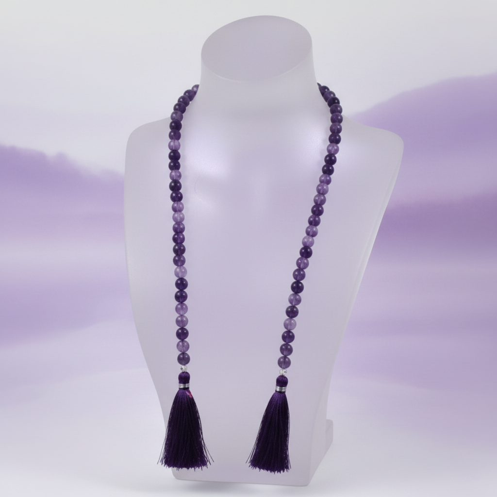 Purple beaded necklace with tassels on a mannequin bust against a light purple background