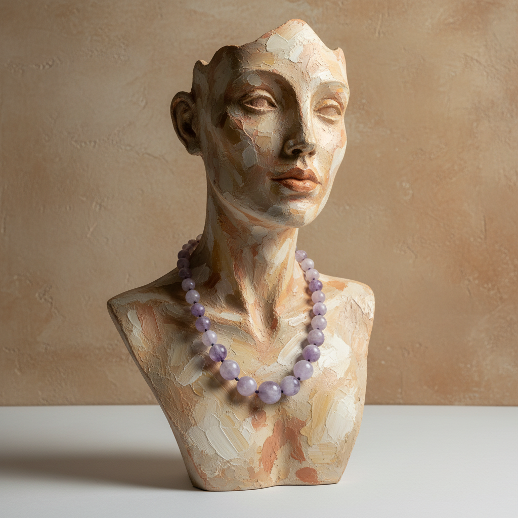 Bust of a woman wearing a necklace with a beige background